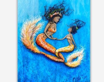 Black mother and daughter mermaids, women of color print, beach house coastal fantasy wall art