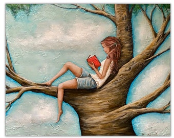 Girl reading in tree art, booklover home decor, bookworm library print