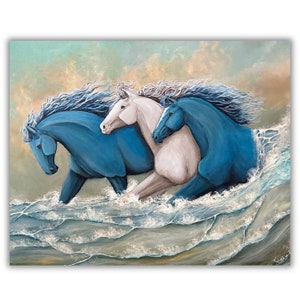 running horses in ocean wave coastal art print image 1