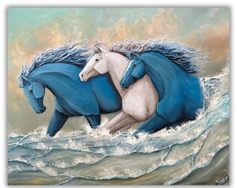 running horses in ocean wave coastal art print