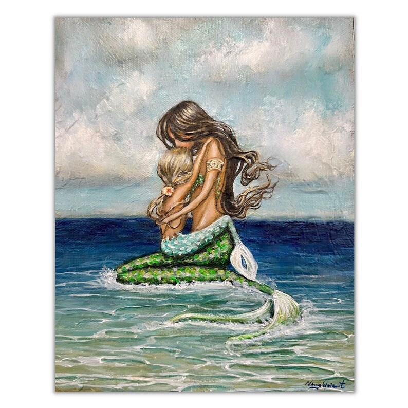 Mother's mermaid love, holding daughter beach fantasy family art print image 1