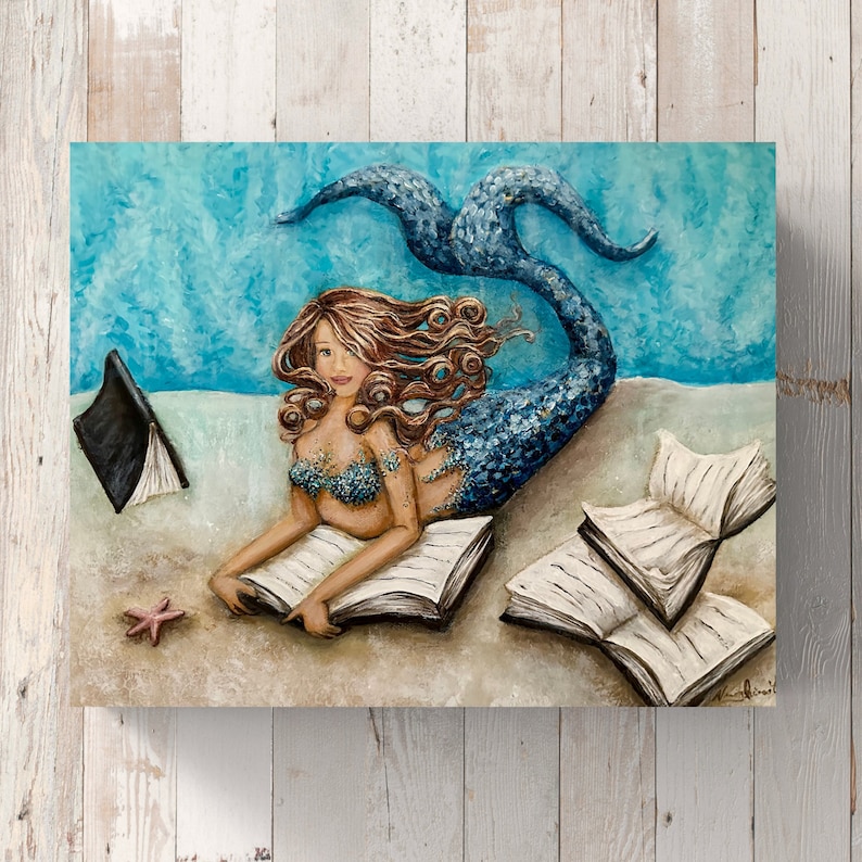 Mermaid reading book original painting on canvas coastal wall decor image 8