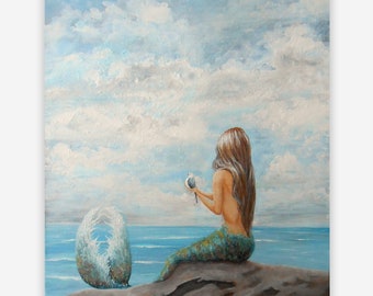 Mermaid on rock art, ocean fantasy print, beach house coastal wall decor