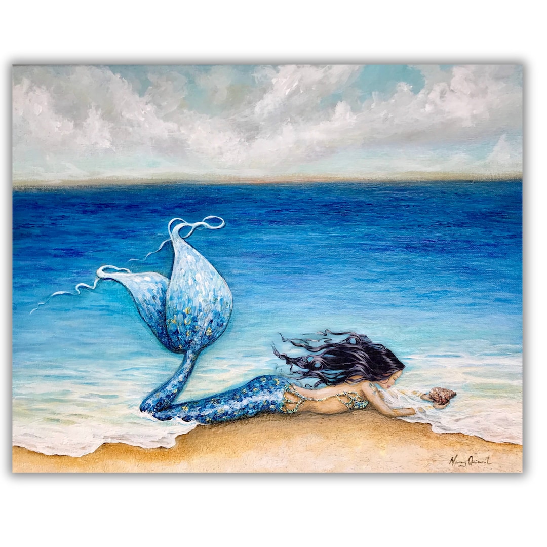 Mermaid on Beach Art Seashell Coastal Theme Beach House Wall Decor - Etsy