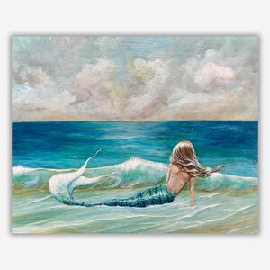 Mermaid art, beach painting print, ocean decor