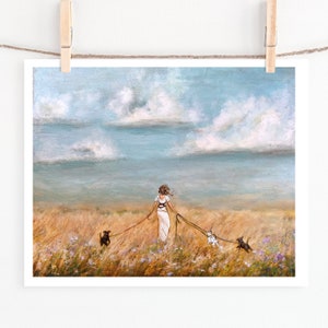 Woman walking three dogs in nature art print image 4