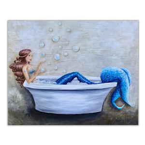 mermaid in bathtub, bathroom coastal art, beach house wall decor