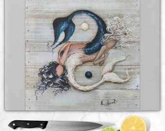 Yin and Yang mermaid glass cutting board coastal kitchen decor