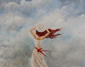 Original 16x20 painting, beautiful woman in the wind art, cloud painting, Original painting by Nancy Quiaoit at NancyQart