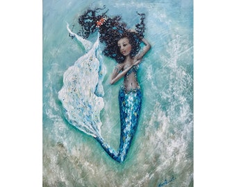 Beautiful black mermaid print, coastal wall art, beach house decor