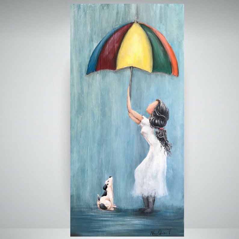 Girl Painting On Canvas Girl In Rain Painting Colorful Umbrella Art