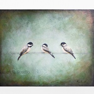 Birds on a wire art, Chickadee print, three birds wall decor