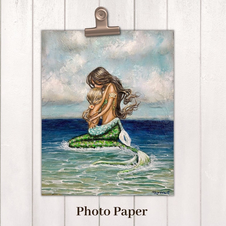 Mother's mermaid love, holding daughter beach fantasy family art print image 9