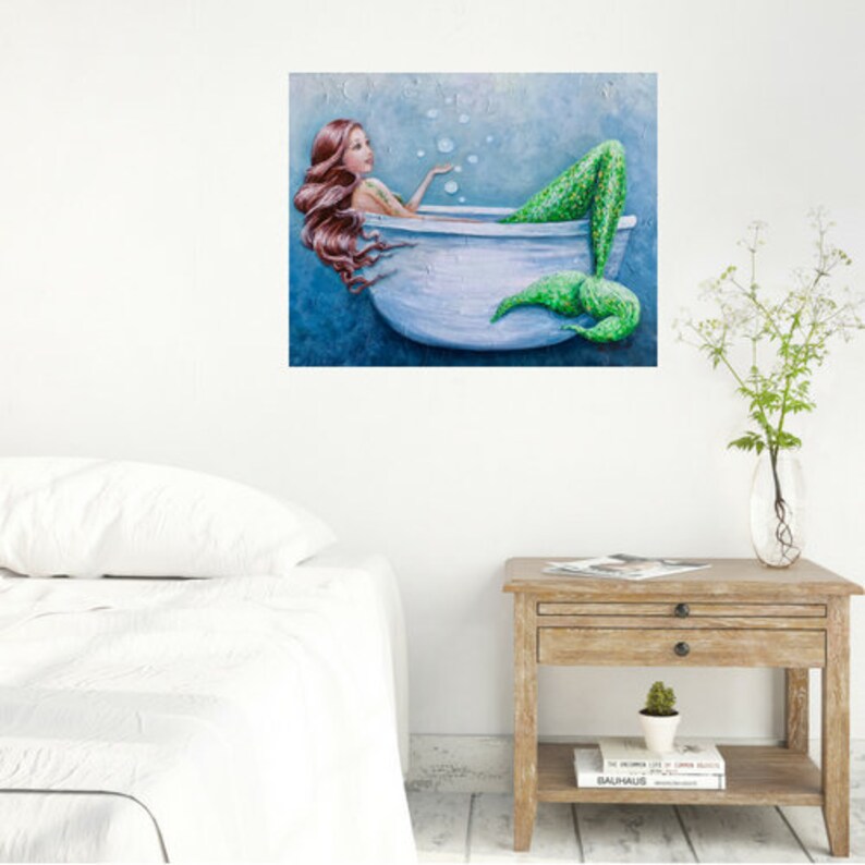 Mermaid in bath art mermaid in tub print mermaid bathroom Etsy