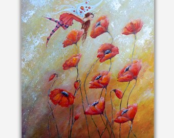 Fairy art red poppy flower print