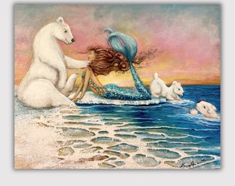 Mermaid polar bear art print arctic sunset winter wall art