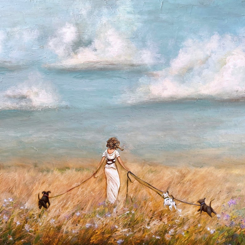 Woman walking three dogs in nature art print image 2