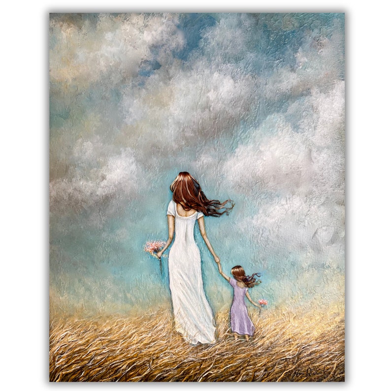 Mom and daughter holding hands art print of mothers love painting Red