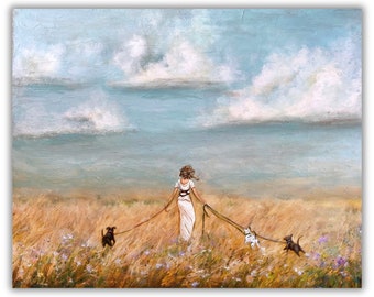 Woman walking three dogs in nature art print