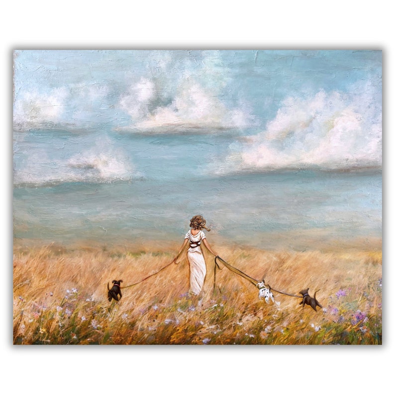 Woman walking three dogs in nature art print image 1