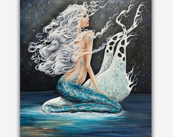 Mermaid under the stars ocean painting print, beach house decor, fantasy art
