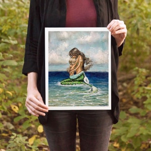 Mother's mermaid love, holding daughter beach fantasy family art print image 8