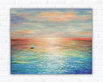 Colorful ocean sunset sailboat art seascape print