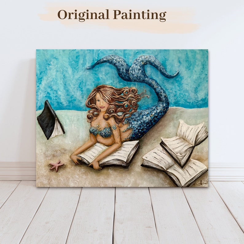 Mermaid reading book original painting on canvas coastal wall decor image 4