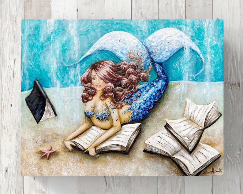 book art Mermaid reading painting on canvas beach house coastal decor