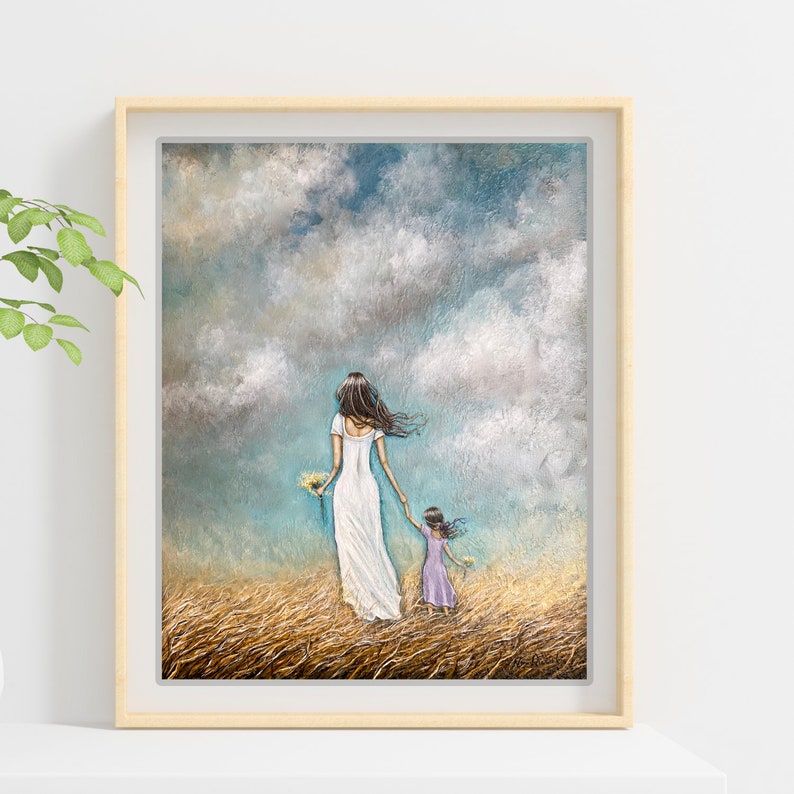 Mom and daughter holding hands art print of mothers love painting image 10