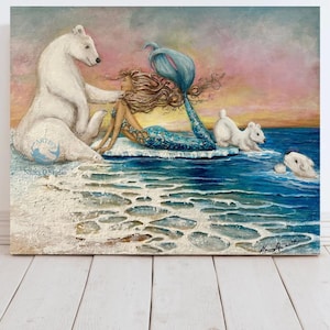 Mermaid polar bear original painting Arctic Ocean art on canvas gift for girl image 2