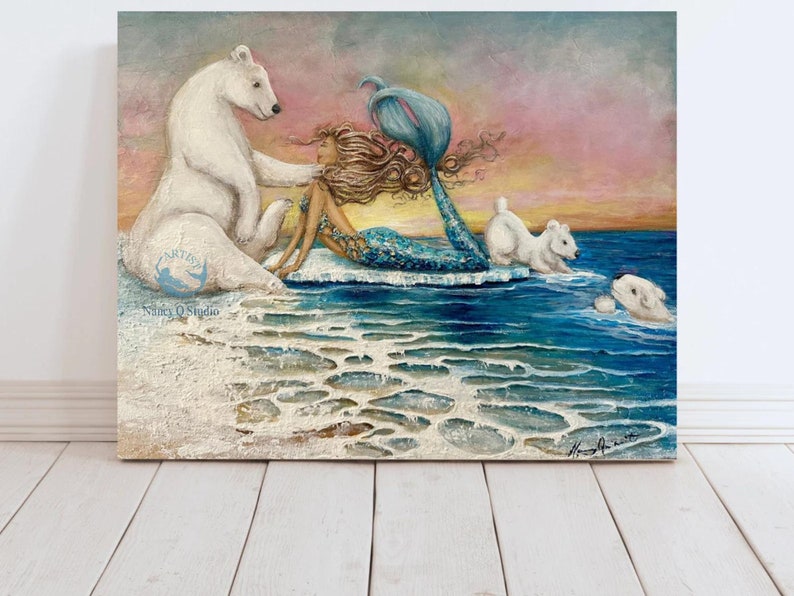 Mermaid polar bear original painting Arctic Ocean art on canvas gift for girl image 2