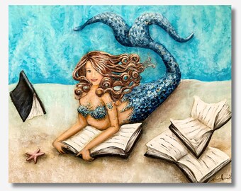 Mermaid reading book original painting on canvas coastal wall decor