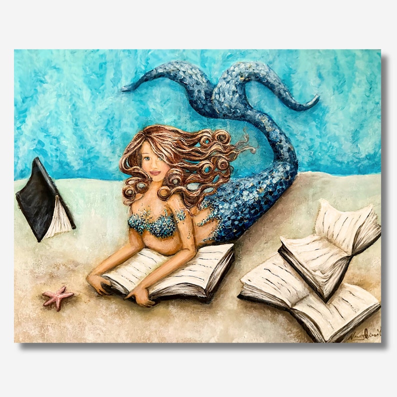 Mermaid reading book original painting on canvas coastal wall decor image 1