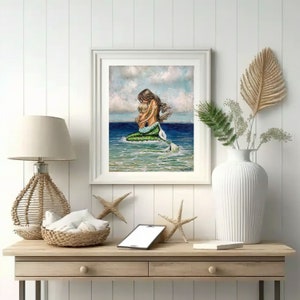 Mother's mermaid love, holding daughter beach fantasy family art print image 5