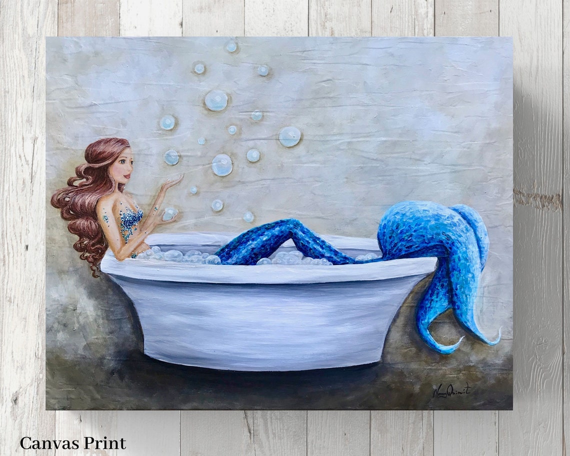 Mermaid in bathtub bathroom art mermaid painting print Etsy