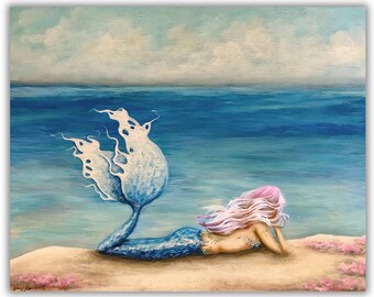 Mermaid with pink hair and flowers on beach seascape painting print