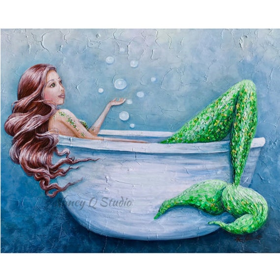 Mermaid in bath art mermaid in tub print mermaid bathroom | Etsy