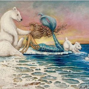 Mermaid polar bear original painting Arctic Ocean art on canvas gift for girl image 5