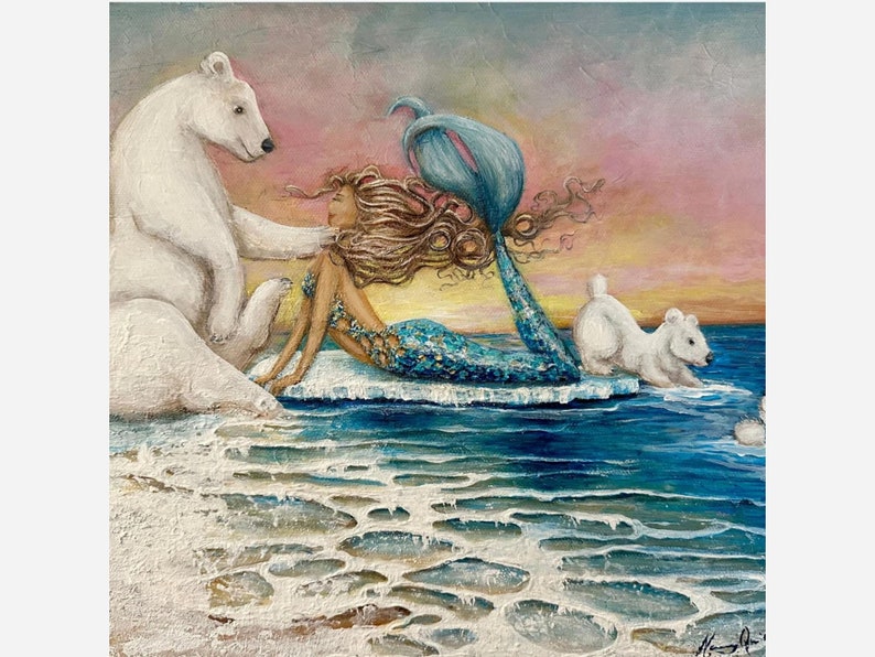 Mermaid polar bear original painting Arctic Ocean art on canvas gift for girl image 5