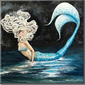 May include: A mermaid with long, flowing white hair and a blue tail swims in a dark blue sea with a starry sky above.