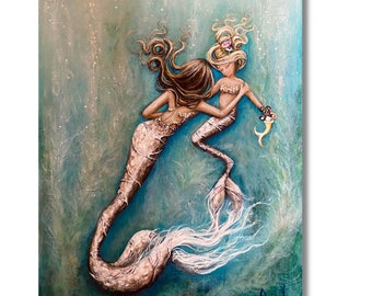 Mother daughter mermaid painting on canvas, original ready to hang original coastal art