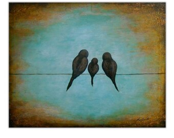 Birds on a wire art, family of three print