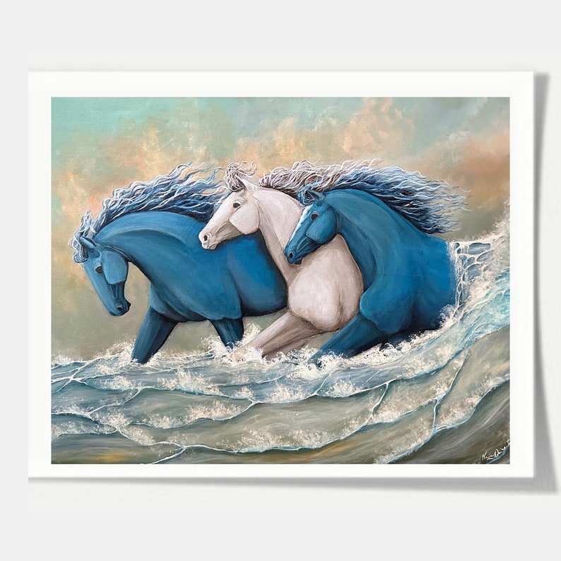 running horses in ocean wave coastal art print image 10