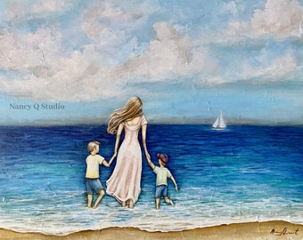 Mother with sons on beach art print, coastal family home decor