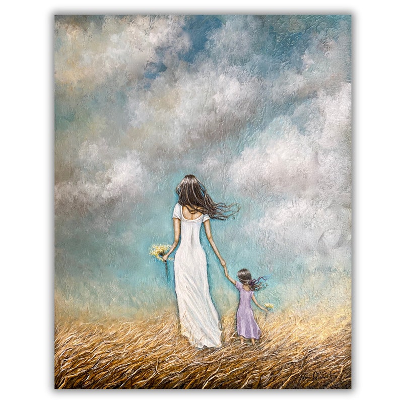 Mom and daughter holding hands art print of mothers love painting Brown