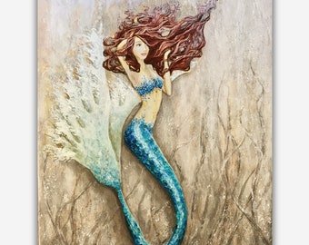 Mermaid under the sea blue and gold art print