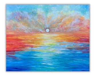 Ocean sunset painting print, colorful seascape art