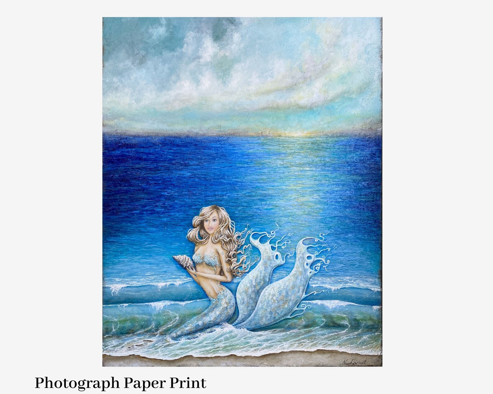 Mermaid on beach art ocean waves sunset painting print | Etsy