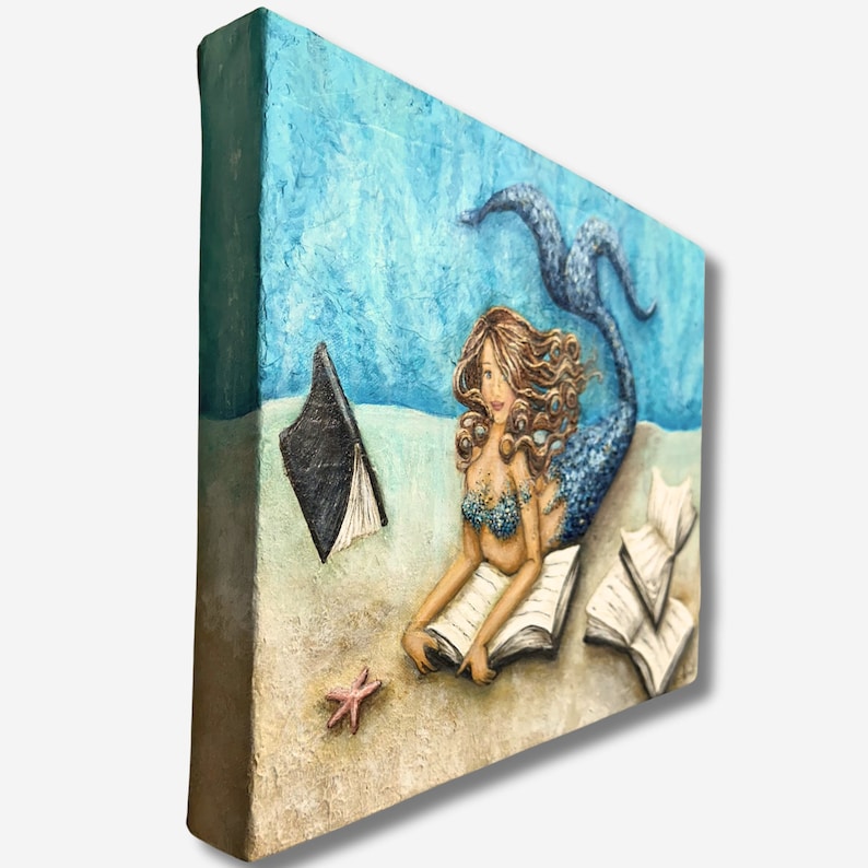 Mermaid reading book original painting on canvas coastal wall decor image 6
